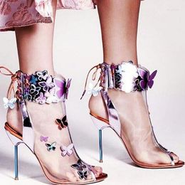 Zapatos de vestir Sandalias de gladiador de mariposa Mujeres Peep Toe Lace Up Ladies Fine Mesh Summer Tobillo Botas Boda