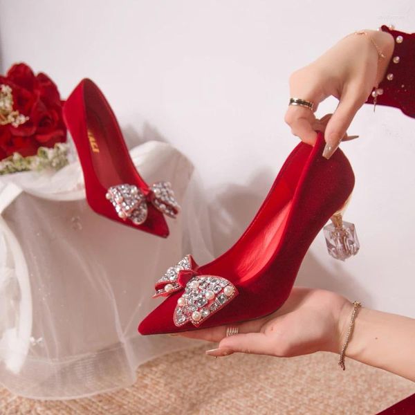 Zapatos de vestir Mariposa Agua Diamante Hebilla Mujeres Bombas Rhinestone Rojo Tacones Altos Boda Dama de Honor Lujo 7 cm