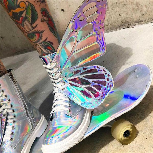 Chaussures habillées Butterfly Wings Femmes Chaussures Shine Silver Leather Flat Sneakers Lace Up Bottines pour femmes high-top Leisure Platform Shoes 2022 220117