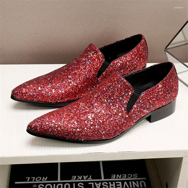 Chaussures habillées Calzado Hombre Designer Rouge Glitter Hommes Bout Pointu En Cuir Véritable Slip Sur Mode Bureau Talons Plats