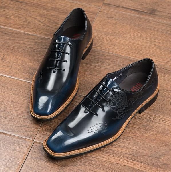 Zapatos de vestir tallados para hombre italianos de cuero genuino con cordones para hombre Oxford Formal negro azul boda Casual de negocios