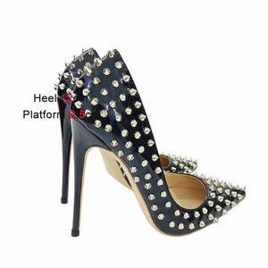 Robe chaussures célébrité star talons hauts 12cm pointu talon mince unique bouche peu profonde rivet femmes pompes 2023 nouveau design unique stilettos h240321