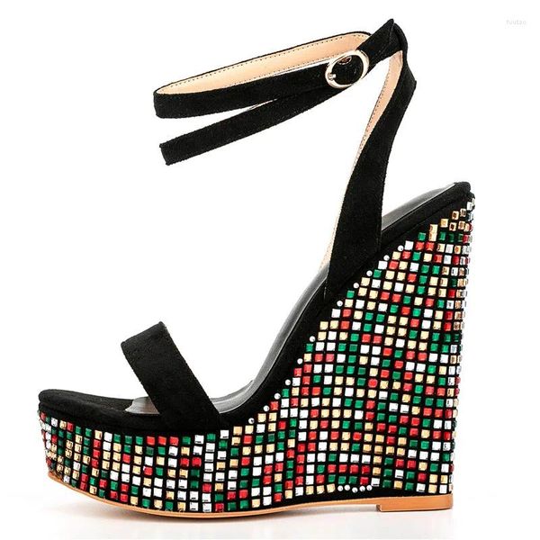 Zapatos de vestir Células Cuñas coloridas Remache Bling Tobillo Hebilla Correa Sandalias Mujer Plataforma Punta abierta Sexy Party Club Clásico Moderno Mujer