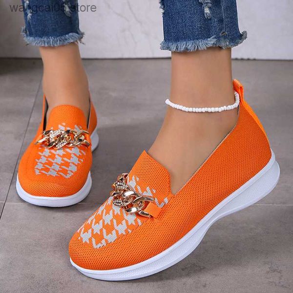 Zapatos de vestir Decoración de cadena Mocasines naranjas Zapatos de mujer 2023 Otoño Transpirable de punto Zapatos planos casuales Mujer Zapatillas ligeras sin cordones para caminar T230818