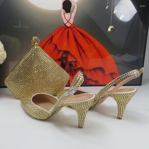 Robe chaussures champagne or mariées fête et sac ensemble talon fin bout pointu femmes mode soirée slingbacks chaussure