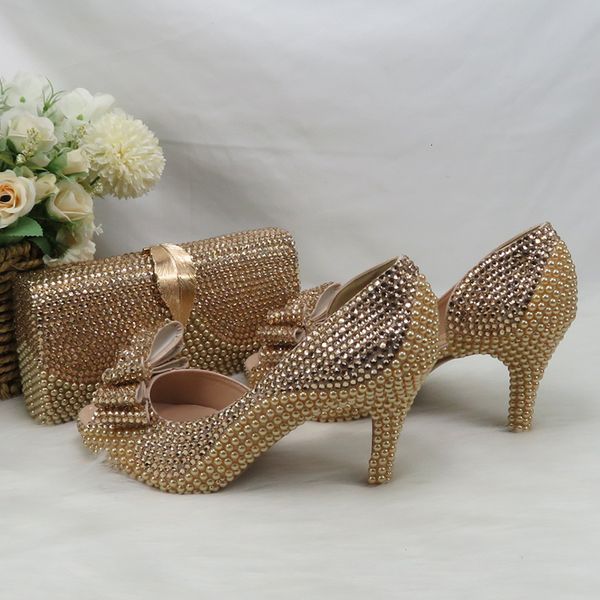 Chaussures habillées Champagne Golden Pearl Chaussures de mariage de mariée avec sacs assortis femme robe de soirée à bout ouvert plate-forme et sac 230506