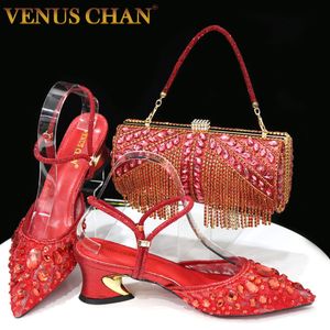 Robe chaussures Chan 2023 Nigeria mode dentelle rouge i glands sac et mi-talon bout pointu luxe et pour dame fête 230823