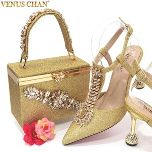 Zapatos de vestir Sandalias Chan para fiestas y bodas Tacones altos Punta puntiaguda Rhinestone Color dorado Zapatos y bolsos a juego Conjuntos para mujer 231121