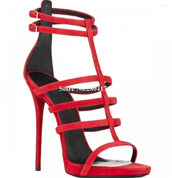 Chaussures habillées charmante en daim rouge sangles minces stiletto talons gladiateurs sandales ouverts t-coule talons de mariage talons
