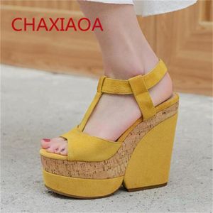 Dress Shoes Chaxiaoa 2023 Suede dames Summer Fashion Sandals T-STRAP High Heel Ladies Platform Wedges Vrouw Trend Gladiator