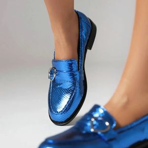 Zapatos de vestir Chic Shiny Blue Gold Green Mocasines de lujo Mujeres Casual Slipon con hebilla Diseñador Mujer Oxfords Tacones bajos Pisos 231019