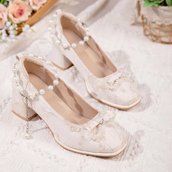 Zapatos de vestir estilo chino Mary Jane mujeres de lujo perla arco tacones altos vintage punta cuadrada tacón grueso banquete de boda bombas para mujer