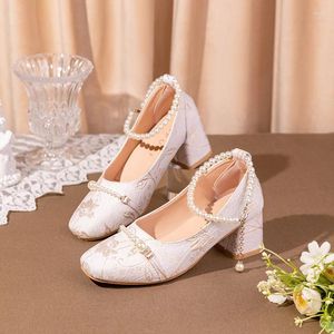 Geklede schoenen Chinese stijl pumps voor dames Elegante vintage hoge hakken Gesloten Klassiek middenvierkant Bruiloft Mary Jane