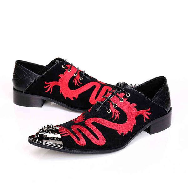 Chaussures habillées Christia Bella Style chinois Dragon broderie hommes formel Oxford Rivet bout pointu daim cuir 220223