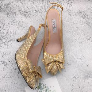 Dress Shoes CHS1249 Aangepaste handgemaakte slingbacks Pumps Big Size Hog Heel Women Bridal Wedding Champagne Gold Crystal