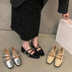 Chaussures habillées Chunky Talon Tête Carrée Argent Mary Jane Petit Cuir Femme Noir Français Simple Pour Femmes 2024