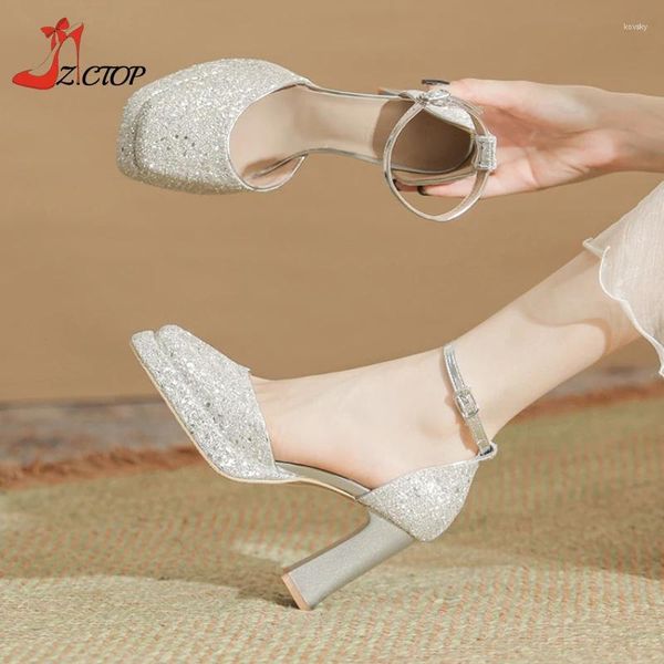 Chaussures habillées Chunky Talon Plate-forme Pompes Femmes Bride à la cheville Mariage Glitter Mary Jane Épais Talons Hauts Sandales Dames Or Argent