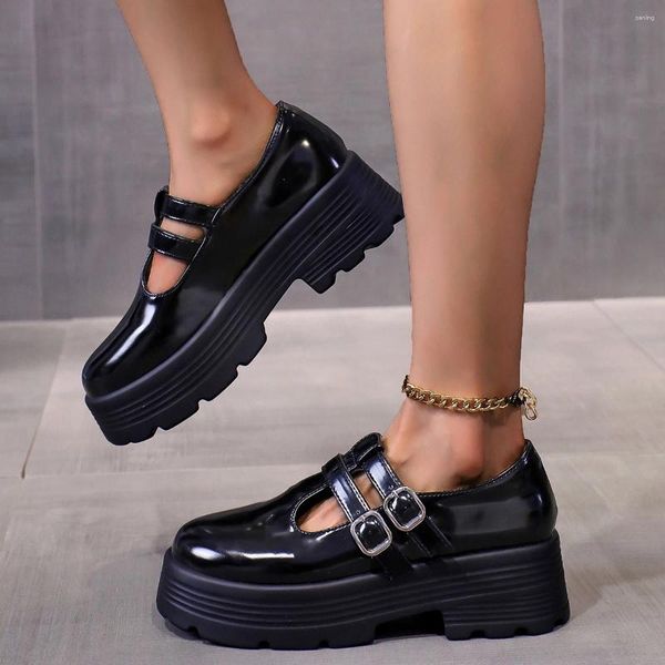 Zapatos de vestir Plataforma gruesa T-Tied Mary Janes Mujeres Patente Cuero Gótico Lolita Mujer 2023 Negro Blanco Grueso Fondo Cosplay