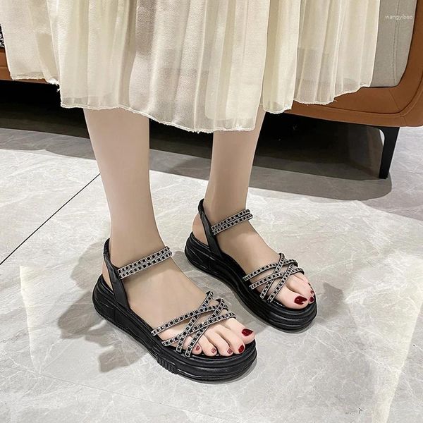 Robe chaussures classique mode été femme sandales sexy dames talon compensé femmes diamant fond plat pour bande élastique