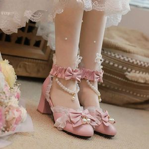 Zapatos de vestir clásico lolita moda mujer correa cruzada tacones altos arco punta redonda damas cosplay cuero dulce bombas rosa blanco negro