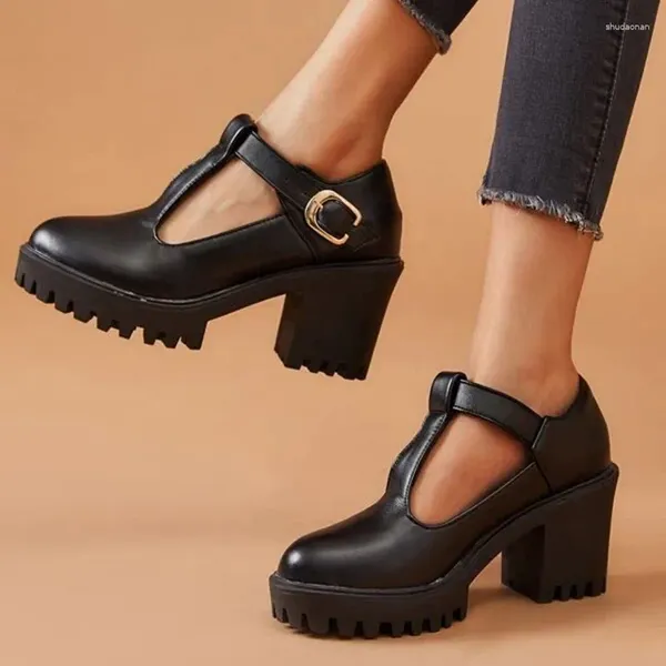 Zapatos de vestir Tacones medios clásicos Lolita Girls Black T-Straps Casual Punk Plataforma de tacón de mujer 2024 Bombas de primavera Mocasín