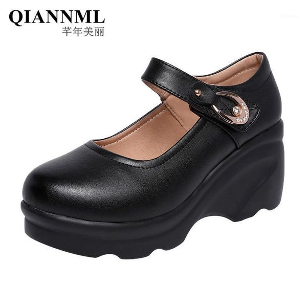 Zapatos de vestir Clásico Cabeza redonda Cuñas para mujeres 2021 Otoño Primavera Mary Jane Ladies Tacones altos Bombas Plataforma Negro