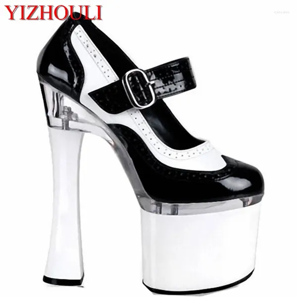 Chaussures habillées classiques noires / blancs célibataires de 18 cm de plate-forme à talons hauts d'épaisseur 7 pouces sangle