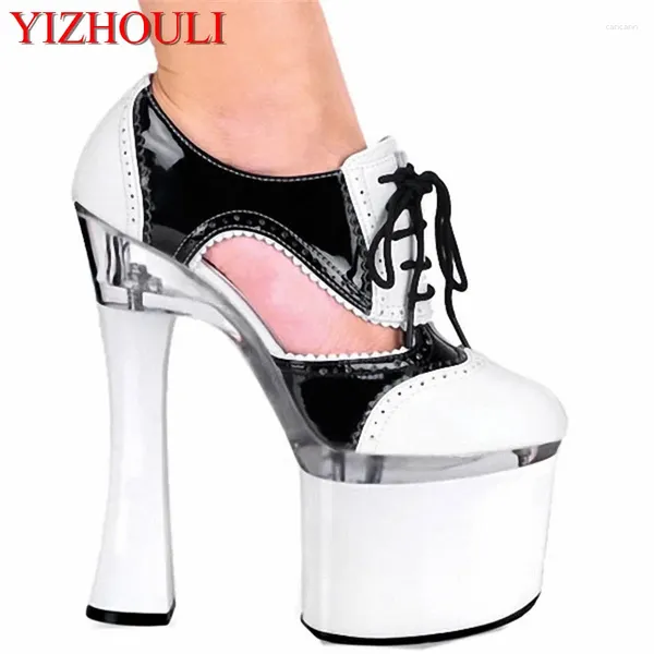 Chaussures habillées classiques noires / blancs célibataires de femme de 18 cm à talons hauts à talons hauts de 7 pouces de la cheville sangle de couleur Pompes