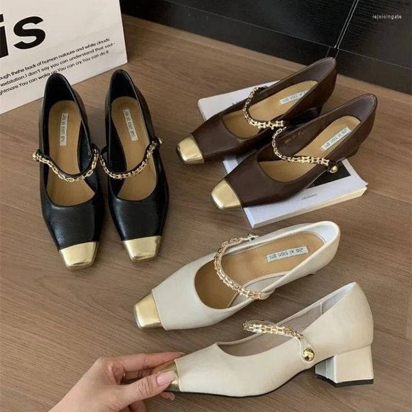 Chaussures habillées comémore Mary Jane Jane's French Chain Leather Shoe Toe Square Toe Bouche peu profonde épais talons hauts Femmes Sandales Summer 2024