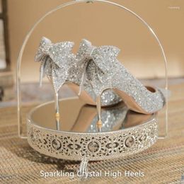 Dress Shoes Comemore Wedding Sequins Women 2024 Autumn Gold Rhinestone Bow Bridal Ladies Shoe Crystal Hoge Heels Pumps Elegant 42