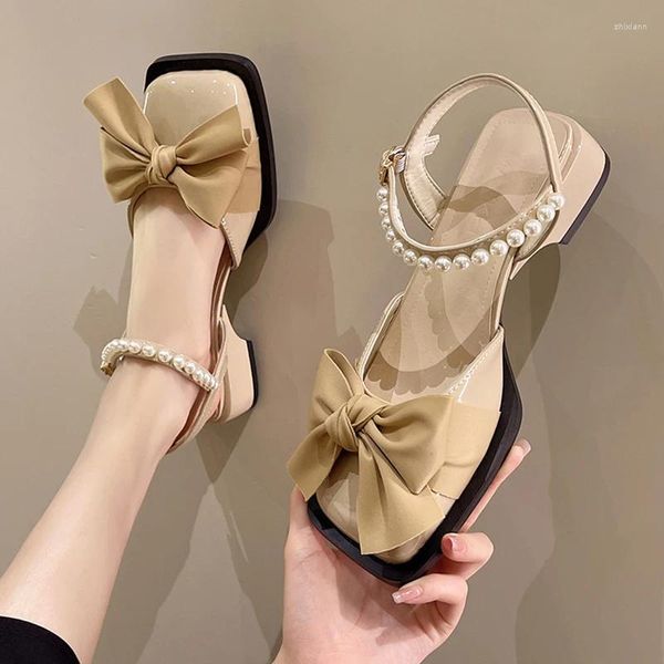 Chaussures de robe Confort pour femmes Sandales de luxe Costume Femme Beige Bloc Talons All-Match Med Bouche peu profonde Mary Jane Anti-Skid 2023 Été