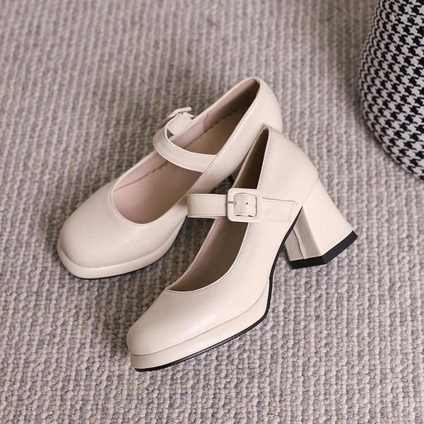 Chaussures habillées confortables PU coupe peu profonde respirant Mary Jane bout carré couleur unie bouton conique talon épais pompes pour femmes