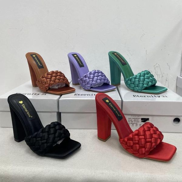 Zapatos de vestir, zapatillas cómodas de verano para mujer, sandalias tejidas de marca a la moda para mujer, sandalias finas de tacón alto para exteriores, toboganes