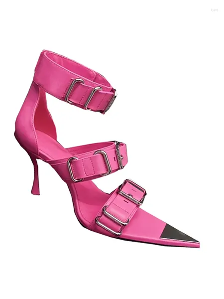 Zapatos de vestir Sandalias de mujer frescas Color sólido Cinturón Hebilla Metal Punta puntiaguda Zapatos para Mujer Tacones altos finos Moda Runway Zapatillas