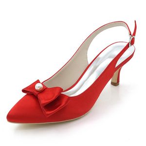 Dress Shoes Creativesivesback Slingback Satin Evening Pointed Toe Pearl Bow 6 cm kitten hakken Pumps Bridal Wedding Party Rose Red Red Red