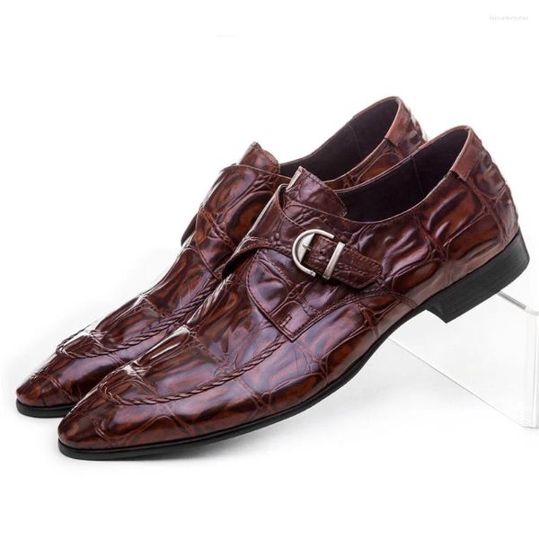 Chaussures habillées Crocodile Grain Brown Tan / Noir Hommes Véritable Cuir Mariage Homme Affaires avec boucle