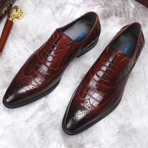 Geklede schoenen Krokodilpatroon Heren Echt rundleer Brogues Bruiloft Zakelijk Heren Carving Zwart Vintage Oxford Voor heren