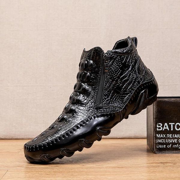 Zapatos de vestir Patrón de cocodrilo Cuero de los hombres Británico Medio Top Botas cortas Zapatos grandes de Hombre Invierno Cálido Bota masculina