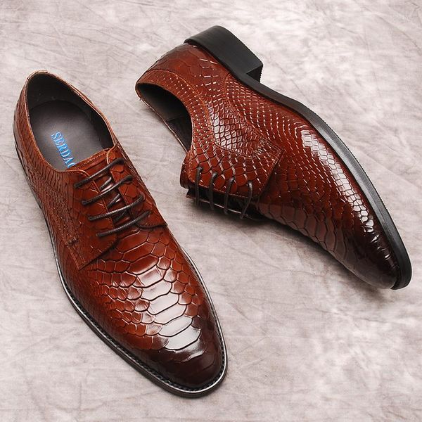 Zapatos de vestir Patrón de cocodrilo para hombre Zapatos Oxford de cuero genuino para hombre Negro Borgoña con cordones Punta cuadrada Boda Hombres formales