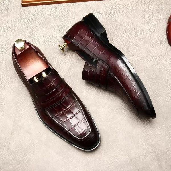 Chaussures habillées Crocodile Match Mens Oxford pour hommes Square Head Slide sur le mariage formel Véricères en cuir authentiques chaussures d'été noires
