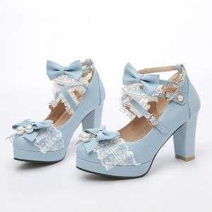 Kledingschoenen Gekruiste band Dames Hoge hakken Mary Jane Pumps Feest Bruiloft Cosplay Wit Roze Zwart Aardbeienboog Prinses Cosplay Lolita Schoenen 231208