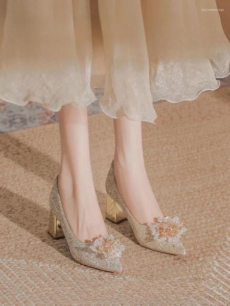 Zapatos de vestir Crystal Block Heel Wedding Women French Lentejuelas Tacones altos Champagne Color Bombas nupciales Mujer 2024