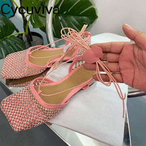 Dress Shoes Crystal Mesh Flat Net Sandal Designer Shoe Square Toe Hollow Out Mules Summer Sexy Party For Women 230807