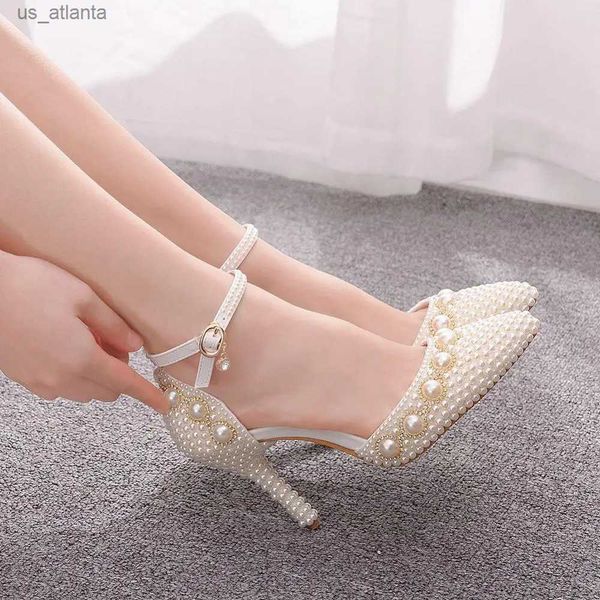 Zapatos de vestir reina de cristal punteado marfil marfil perla boda nupcial tacones altos tacones altos elegantes sandalias de tobillo sexy h240409