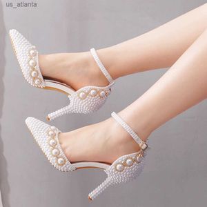 Zapatos de vestir Crystal Queen Women Summer White Pearl Diamond Wedding Heels High Heels Bride Stiletto Show Party Sandals Piezas Heblas H240409