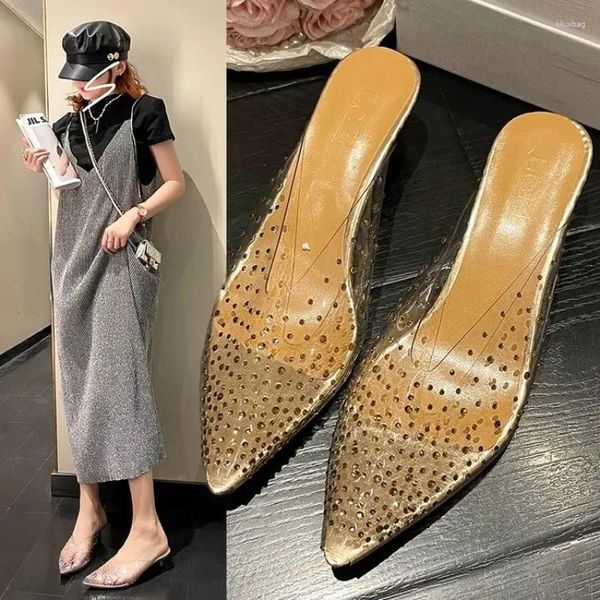 Chaussures de robe Crystal Petit Chaton Talons ClearSandalias Mujer Sexy Peep Toe Pantoufles Argent / Champagne Pointu Med Haute Sandales Femmes