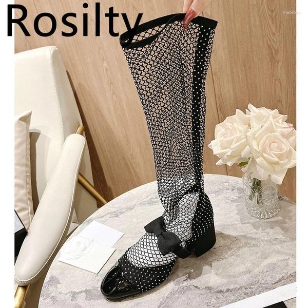 Zapatos de vestir Crystal Sweet High Heel For Women Bowknot Mesh Mary Janes Botas Tacones cuadrados Tacones de rodilla Partes de fiesta de diseño de rodilla