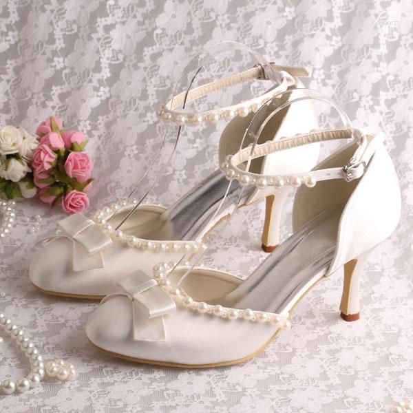 Chaussures habillées faites à la main sur mesure bout fermé perle talons blancs bride de cheville de mariage pour la mariée Satin