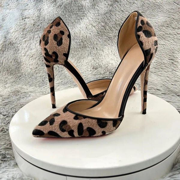 Zapatos de vestir Recortes Crin de caballo Leopardo Mujeres Bombas Stiletto Tacones altos Sexy Ladies Punta puntiaguda Resbalón en fiesta Mujer