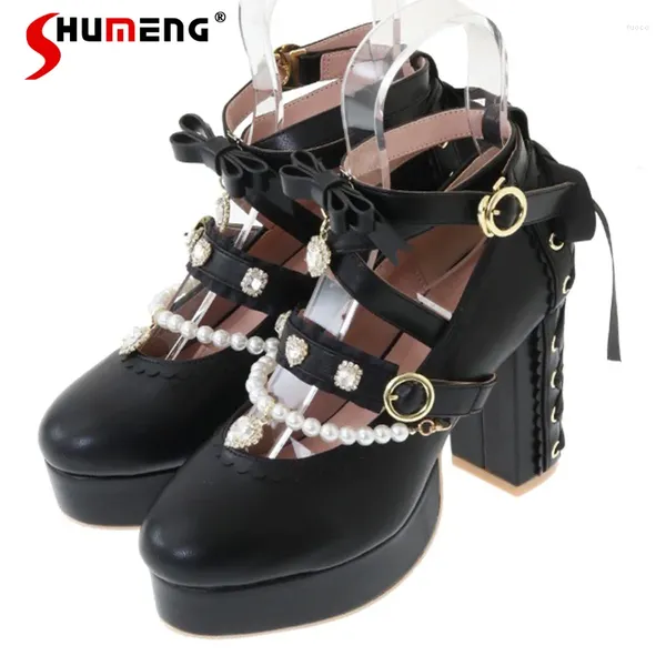 Chaussures habillées Ball Ball Perle Bow pendentif Pink High Heels Mesdames 2024 Fall Femme's Hauteur Chunky Cross Tie Rhingestone Talon